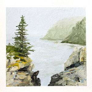 6x6 Maine Original Oil Painting Seascape Pines Rocky Bluff Coastal Art Signed